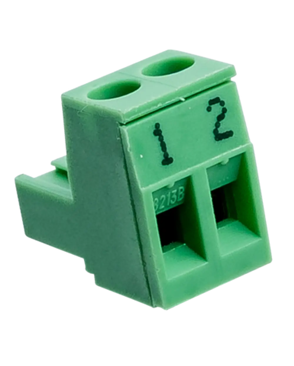Grüner Gegenstecker mit zwei Öffnungen, geeignet für elektrische Verbindungen. Produkt der Marke Wolf, klare Kennzeichnung der Anschlüsse.